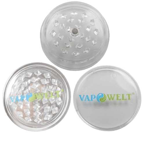 Grinder | Kräutermühle "Vapowelt" 3-teilig (60 mm) Der Vapowelt Grinder|Kräutermühle in geöffnetem zustand besteht aus 3-teilen