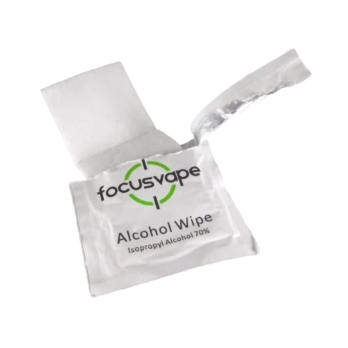 FocusVape Alkohol-Reinigungstücher Focusvape Alkohlreinigungstücher, verpackung aufgerissen alkohlreinigungstuch teilweise entnommen