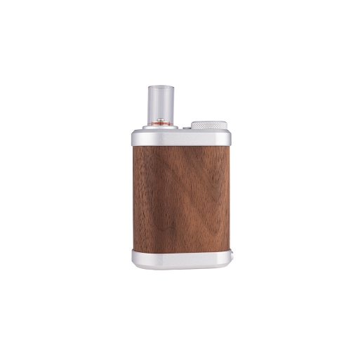 TinyMight 2 Vaporizer, ein kompaktes Gerät mit einem Gehäuse aus Holz und einem Mundstück aus Glas.