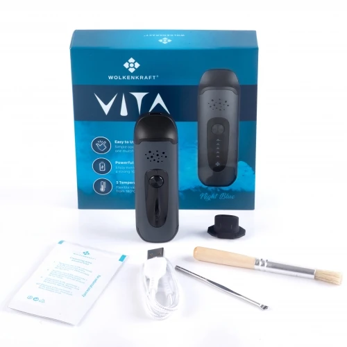 2716_5 WOLKENKRAFT ViTA Vaporizer Night Blue, Zubehör, Ladekabel und Reinigungsbürste