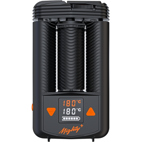 Storz & Bickel Mighty+ Vaporizer mit Temperaturanzeige und orangen Tasten.