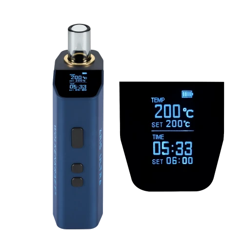 2902_2 WOLKENKRAFT AERiS ULTRA vaporizer in blue with OLED display showing temperature and timer.